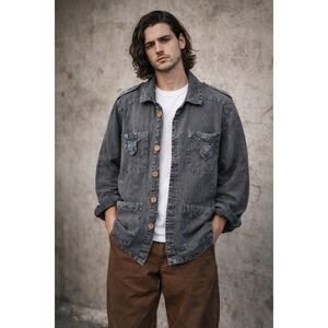 B.Loose Mili-X Linen Jacket Lagenlook Distressed Grunge Blue Faded Unisex